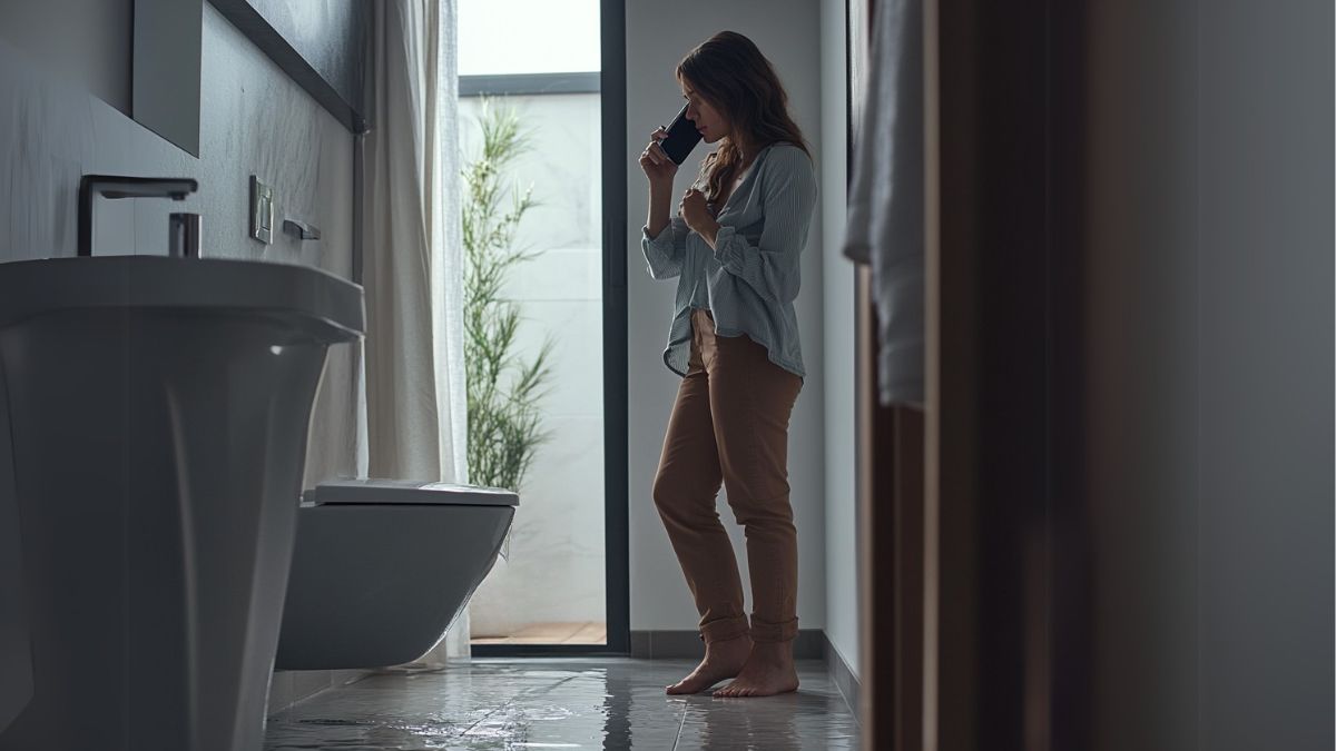 Frau telefoniert im Badezimmer, weil Wasser auf dem Fußboden steht.